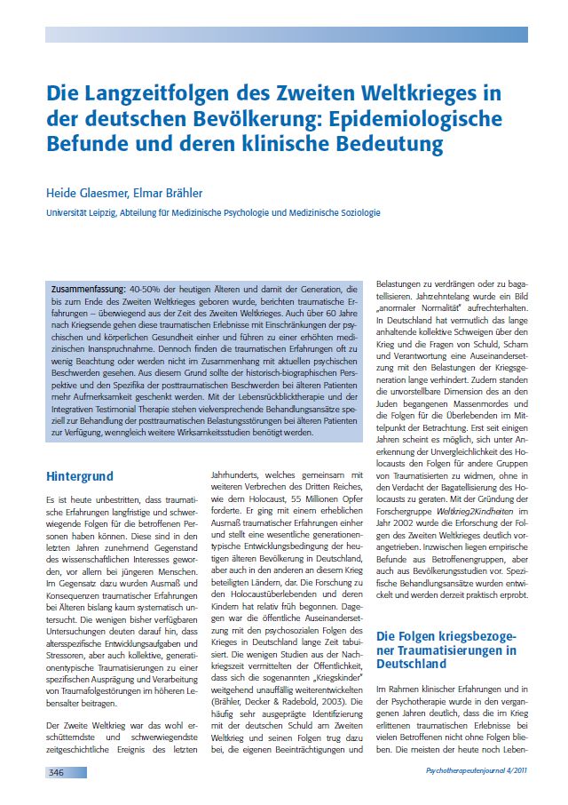 Heide Glaesmer/ Elmar Brähler (2011): Die Langzeitfolgen des Zweiten Weltkrieges in der deutschen Bevölkerung: Epidemiologische Befunde und deren klinische Bedeutung